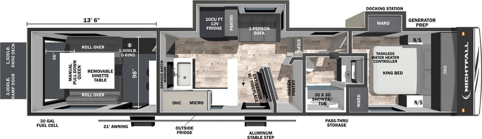 The Nightfall 350N floorplan is a toy hauler that has two entries and two slide outs. Exterior features include: fiberglass exterior and 21' awning. 